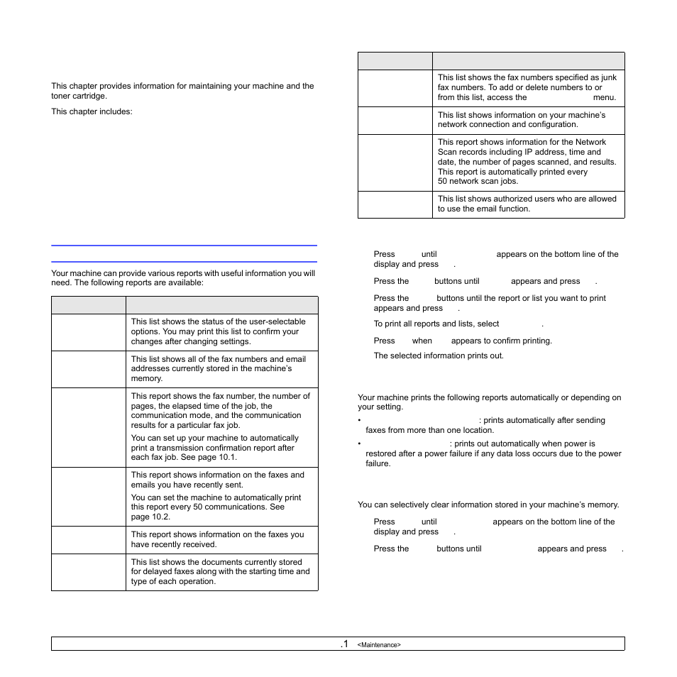 Maintenance, Printing reports, Printing a report | Other available reports, Clearing memory | Samsung SCX-6322DN User Manual | Page 68 / 148