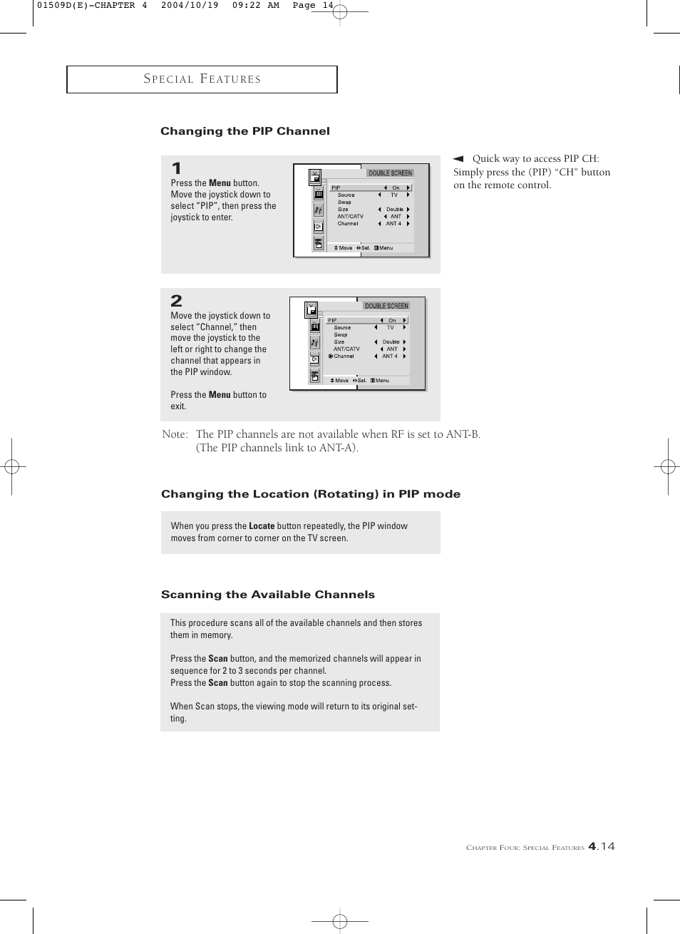 Changing the pip channel, Changing the location (rotating) the pip mode, Scanning the available channels | Samsung HCL4715W User Manual | Page 57 / 67