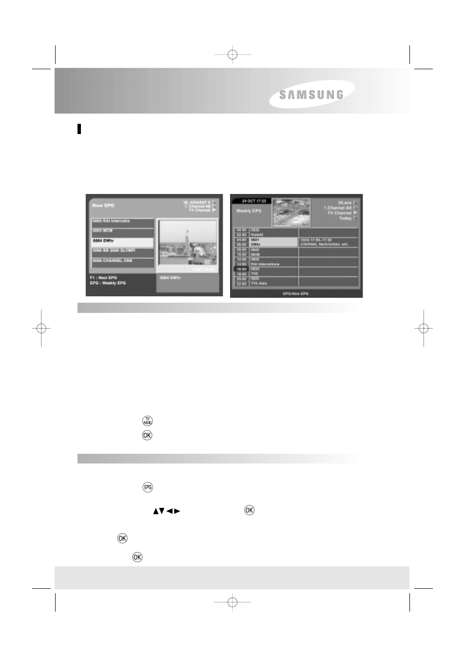 Menu operation, Program guide, Now / next epg | Weekly epg | Samsung SFT-503 User Manual | Page 20 / 40