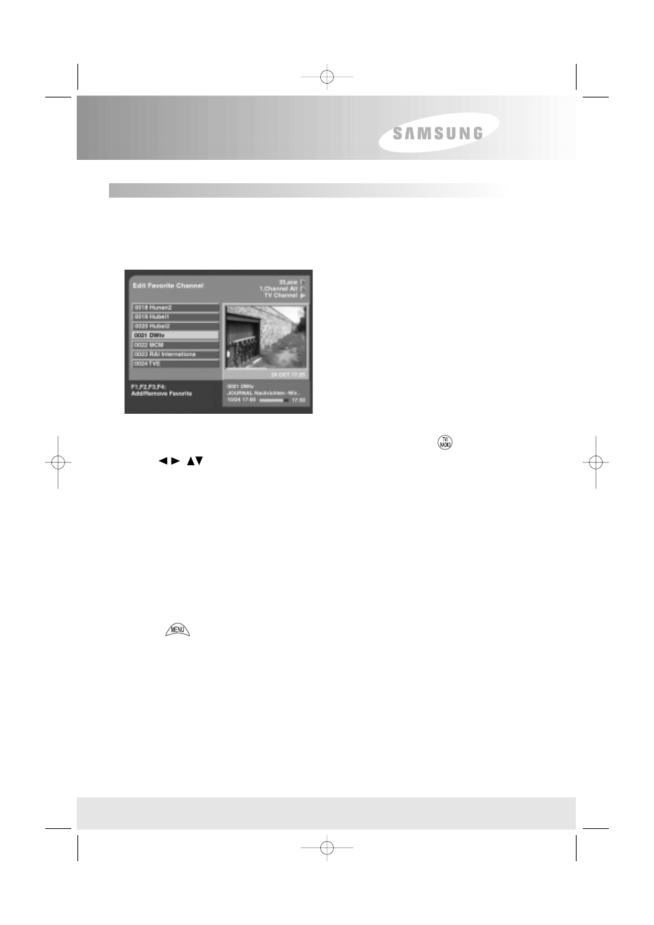 Menu operation, Edit favorite tv/radio channels, Press the button to return to the previous menu | Samsung SFT-503 User Manual | Page 22 / 40