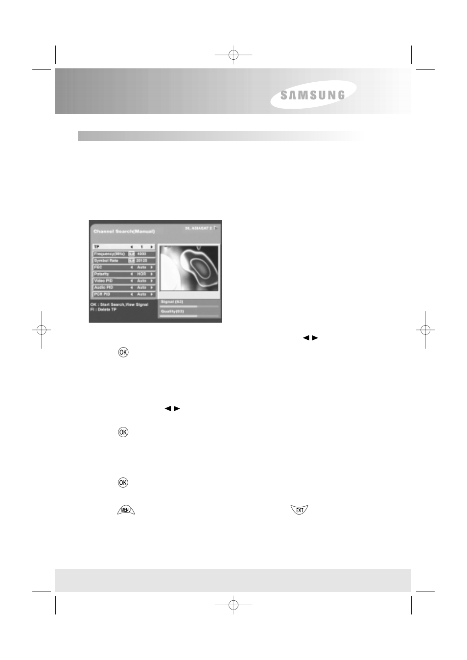 Menu operation, Manual channel search, Press the button | Then the result will be save the data | Samsung SFT-503 User Manual | Page 28 / 40