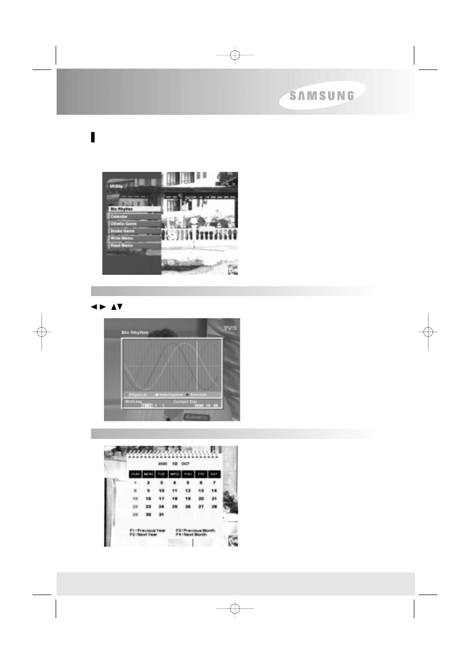 Menu operation, Utility, Depending on model) | Bio rhythm, Calendar | Samsung SFT-503 User Manual | Page 33 / 40