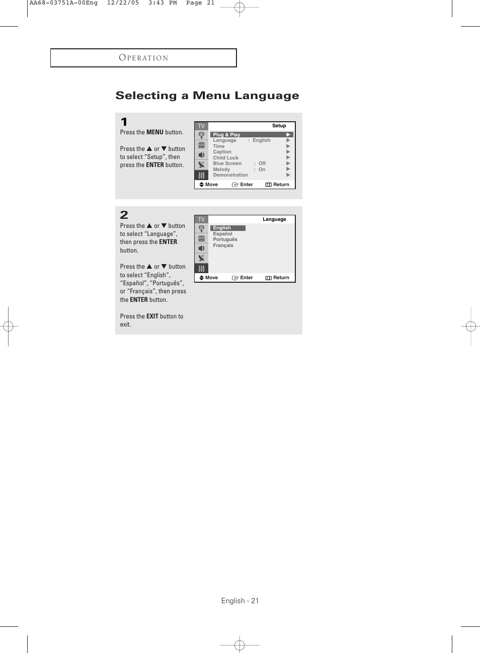 Selecting a menu language | Samsung CL-21Z30 User Manual | Page 21 / 60