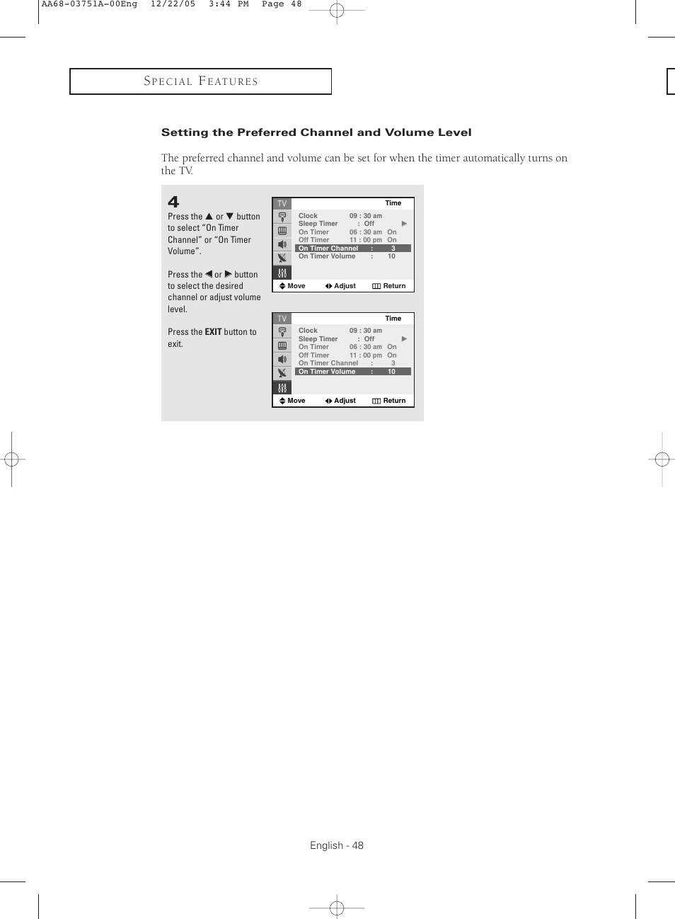 Setting the preferred channel and volume level | Samsung CL-21Z30 User Manual | Page 48 / 60