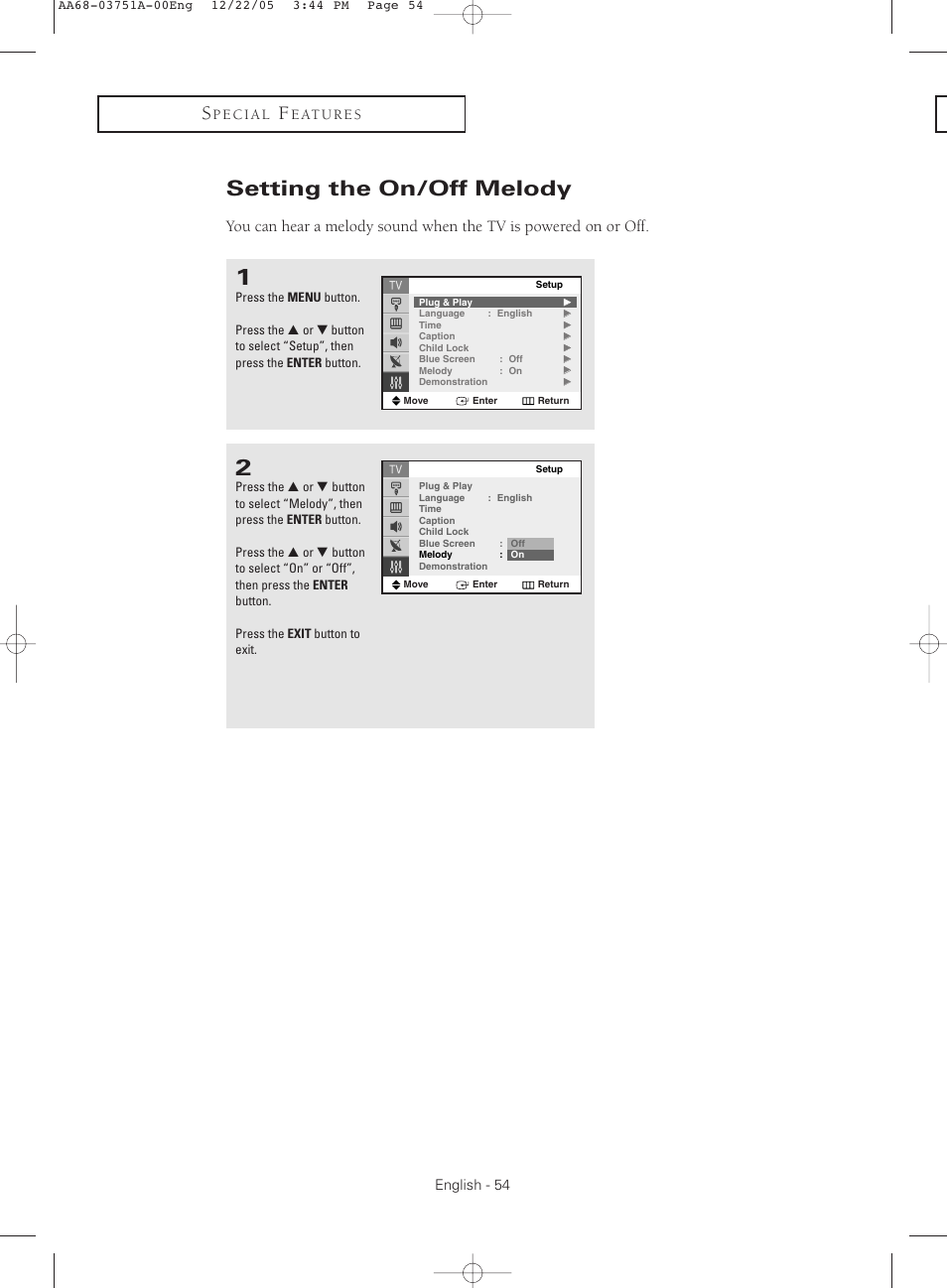 Setting the on/off melody | Samsung CL-21Z30 User Manual | Page 54 / 60