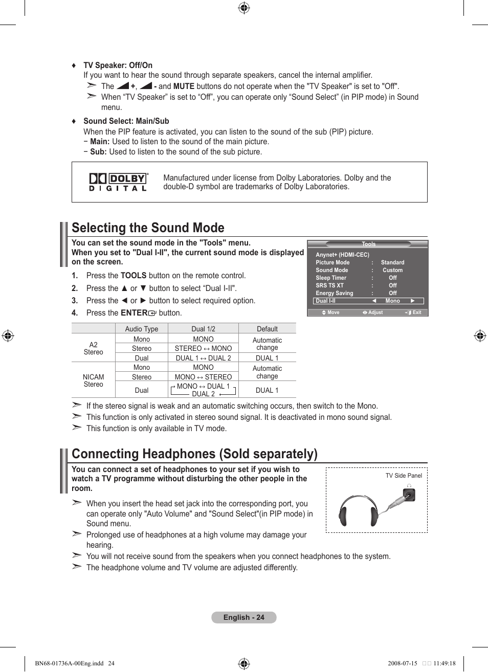 Selecting the sound mode, Connecting headphones (sold separately) | Samsung BN68-01736A-00 User Manual | Page 26 / 69