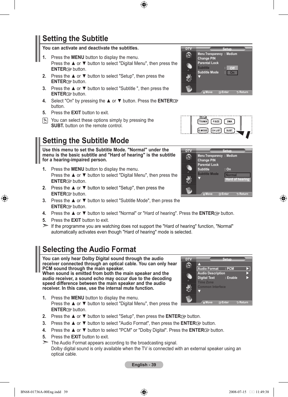 Setting the subtitle, Setting the subtitle mode, Selecting the audio format | Samsung BN68-01736A-00 User Manual | Page 41 / 69