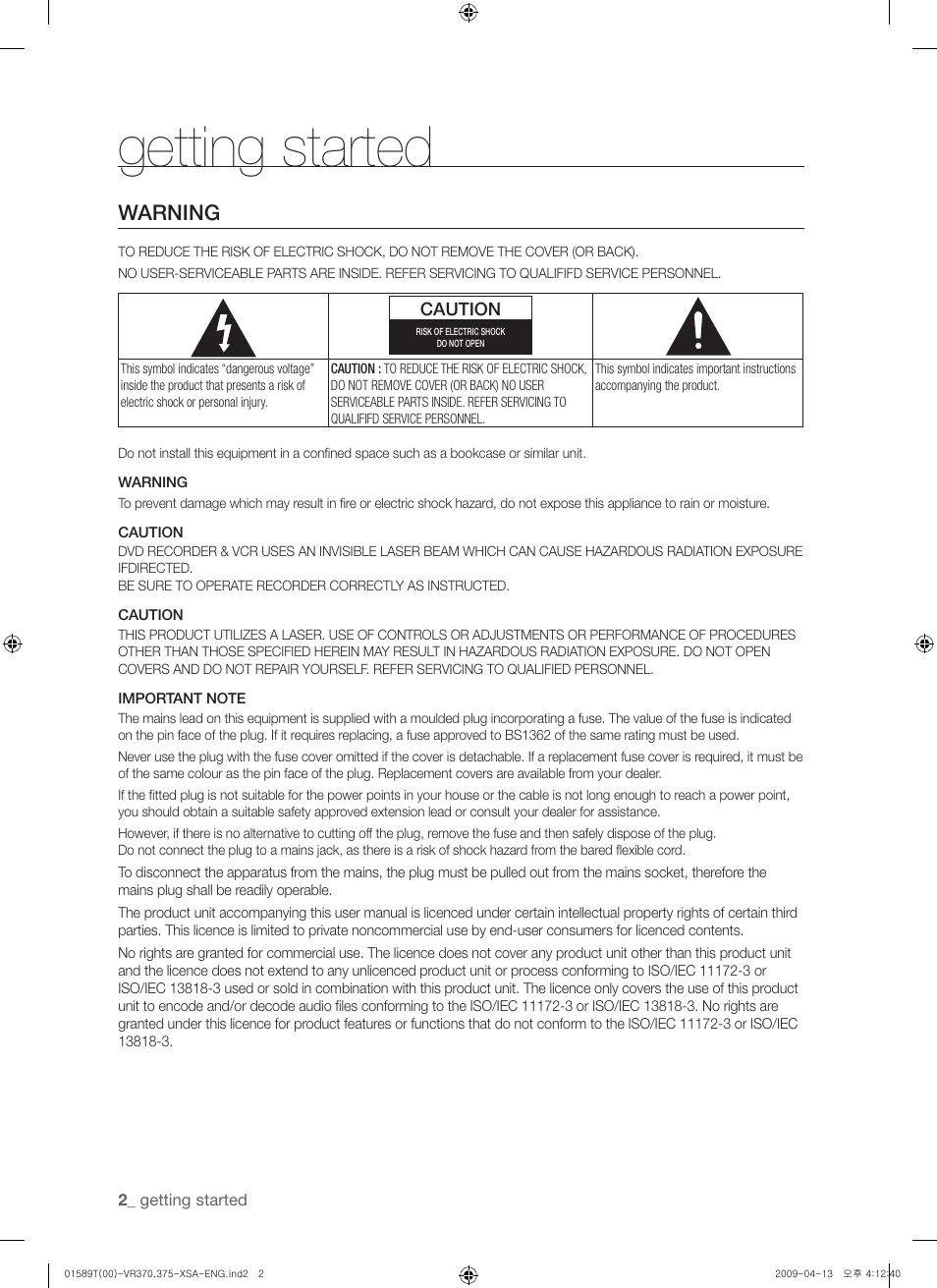 Getting started, Warning | Samsung DVD-VR375 User Manual | Page 2 / 85