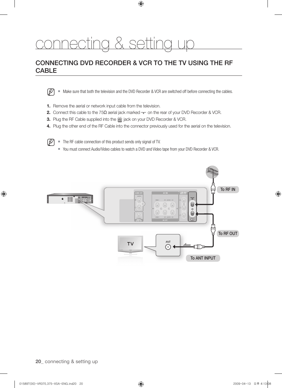 Connecting & setting up, Connecting dvd recorder & vcr to the tv | Samsung DVD-VR375 User Manual | Page 20 / 85