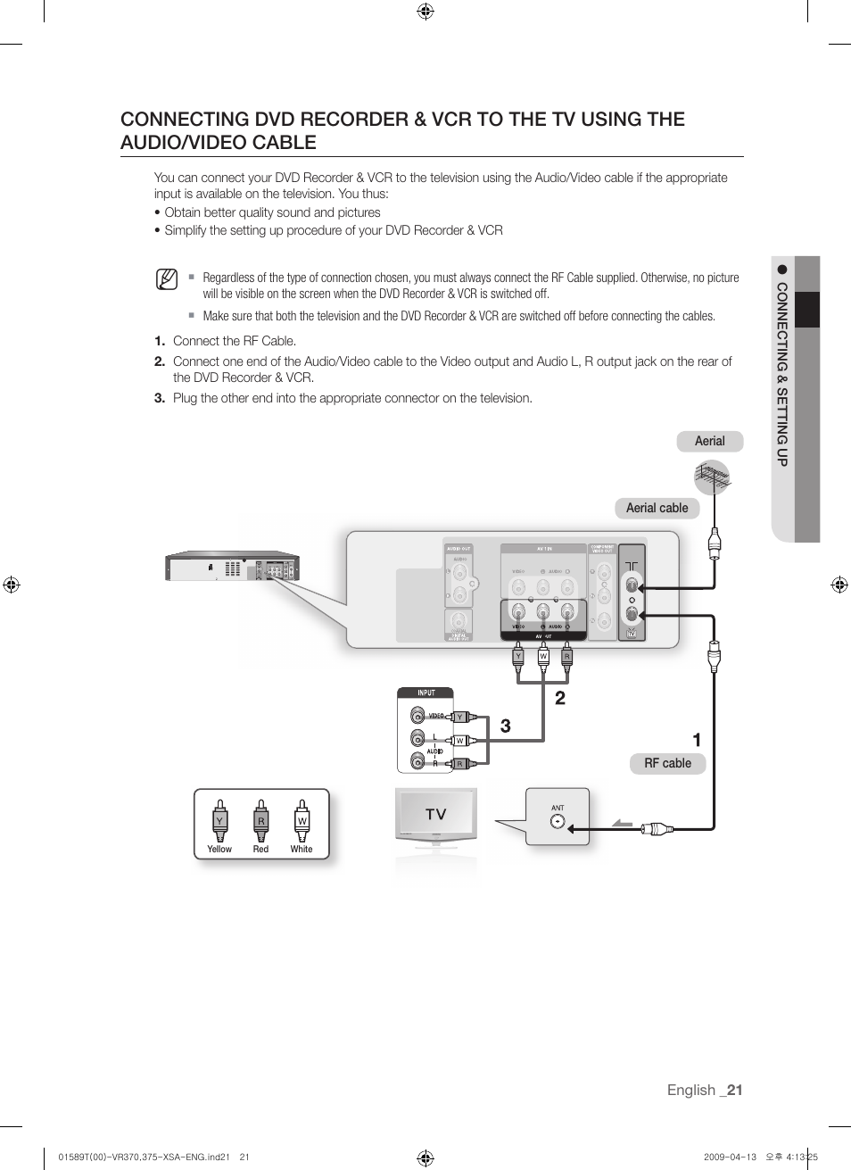 Connecting dvd recorder & vcr to the tv | Samsung DVD-VR375 User Manual | Page 21 / 85