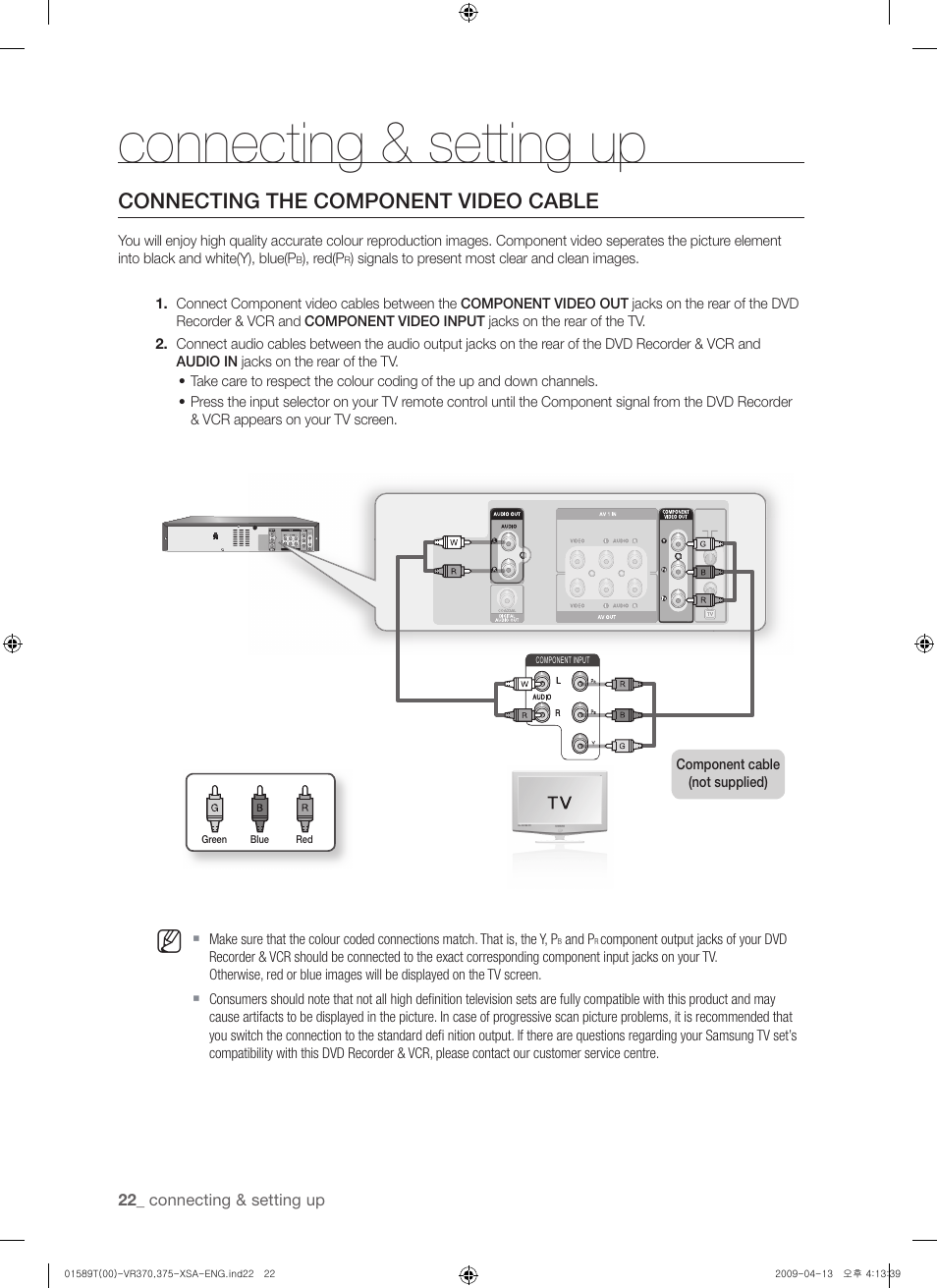 Connecting the component video cable, Connecting & setting up | Samsung DVD-VR375 User Manual | Page 22 / 85