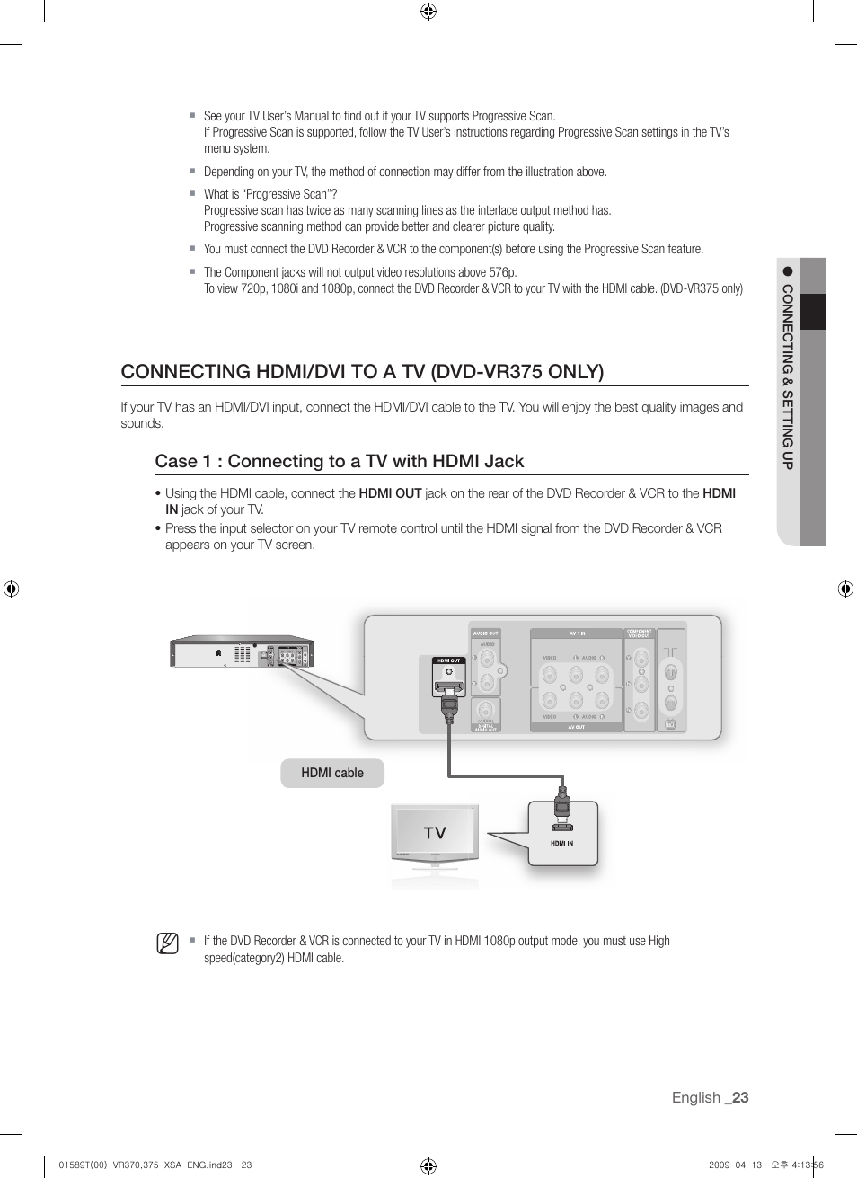 Connecting hdmi/dvi to a tv, Connecting hdmi/dvi to a tv (dvd-vr375 only), Case 1 : connecting to a tv with hdmi jack | Samsung DVD-VR375 User Manual | Page 23 / 85
