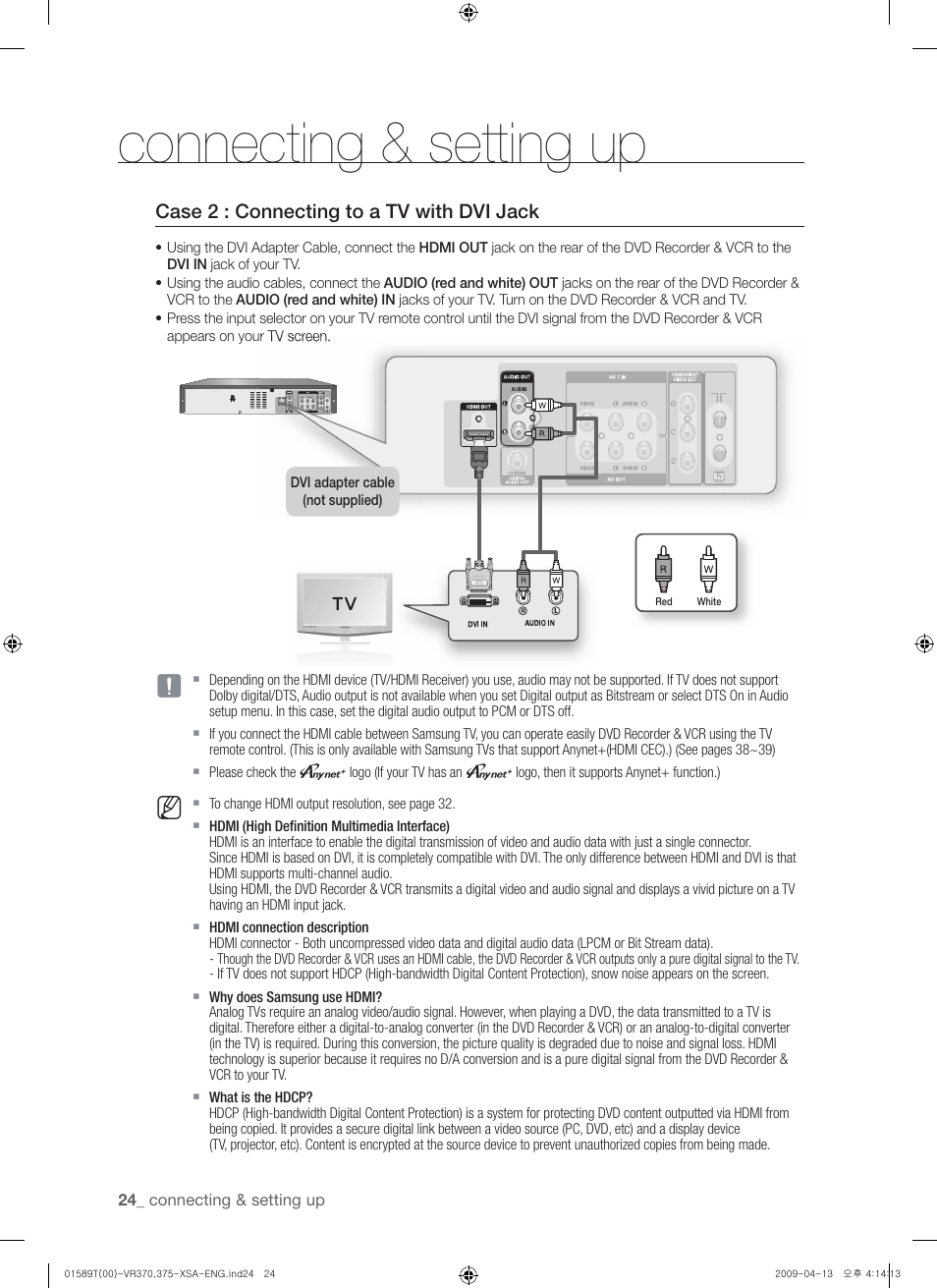Connecting & setting up, Case 2 : connecting to a tv with dvi jack | Samsung DVD-VR375 User Manual | Page 24 / 85