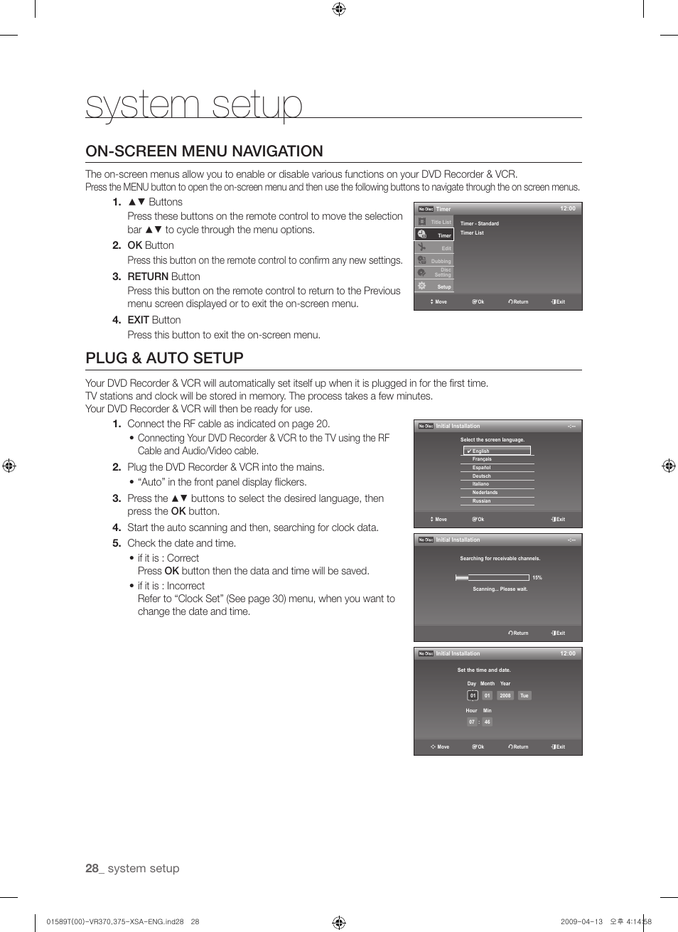 System setup, On-screen menu navigation, Plug & auto setup | Samsung DVD-VR375 User Manual | Page 28 / 85