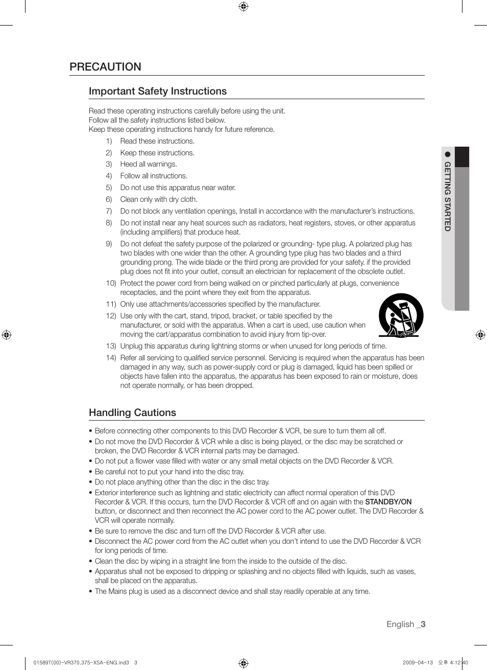 Precaution, Important safety instructions, Handling cautions | Samsung DVD-VR375 User Manual | Page 3 / 85