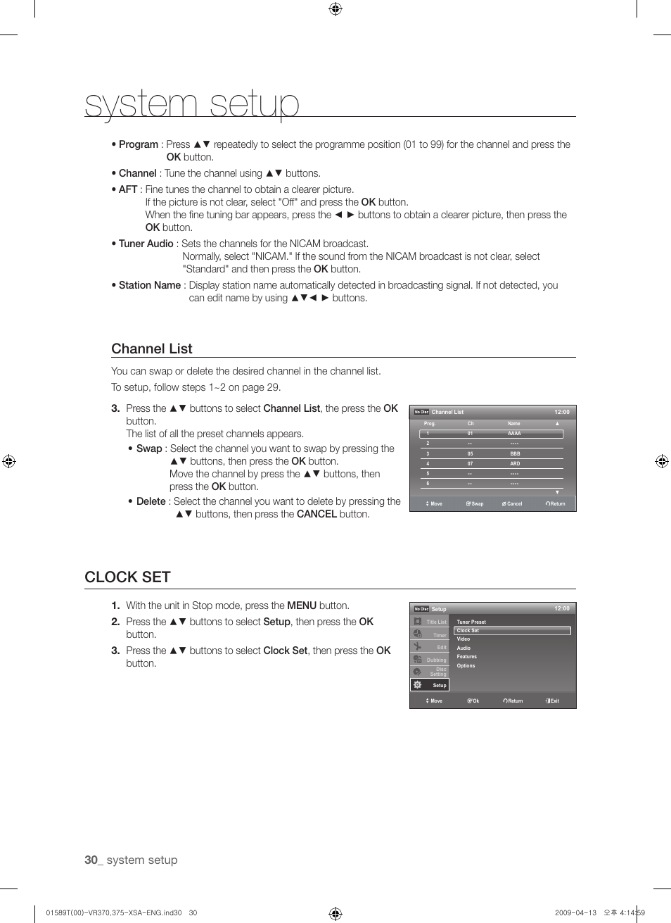 Clock set, Channel list, System setup | Samsung DVD-VR375 User Manual | Page 30 / 85