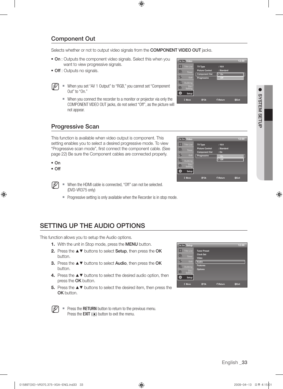 Seting up the audio options, Setting up the audio options, Component out | Progressive scan, English, System setup | Samsung DVD-VR375 User Manual | Page 33 / 85