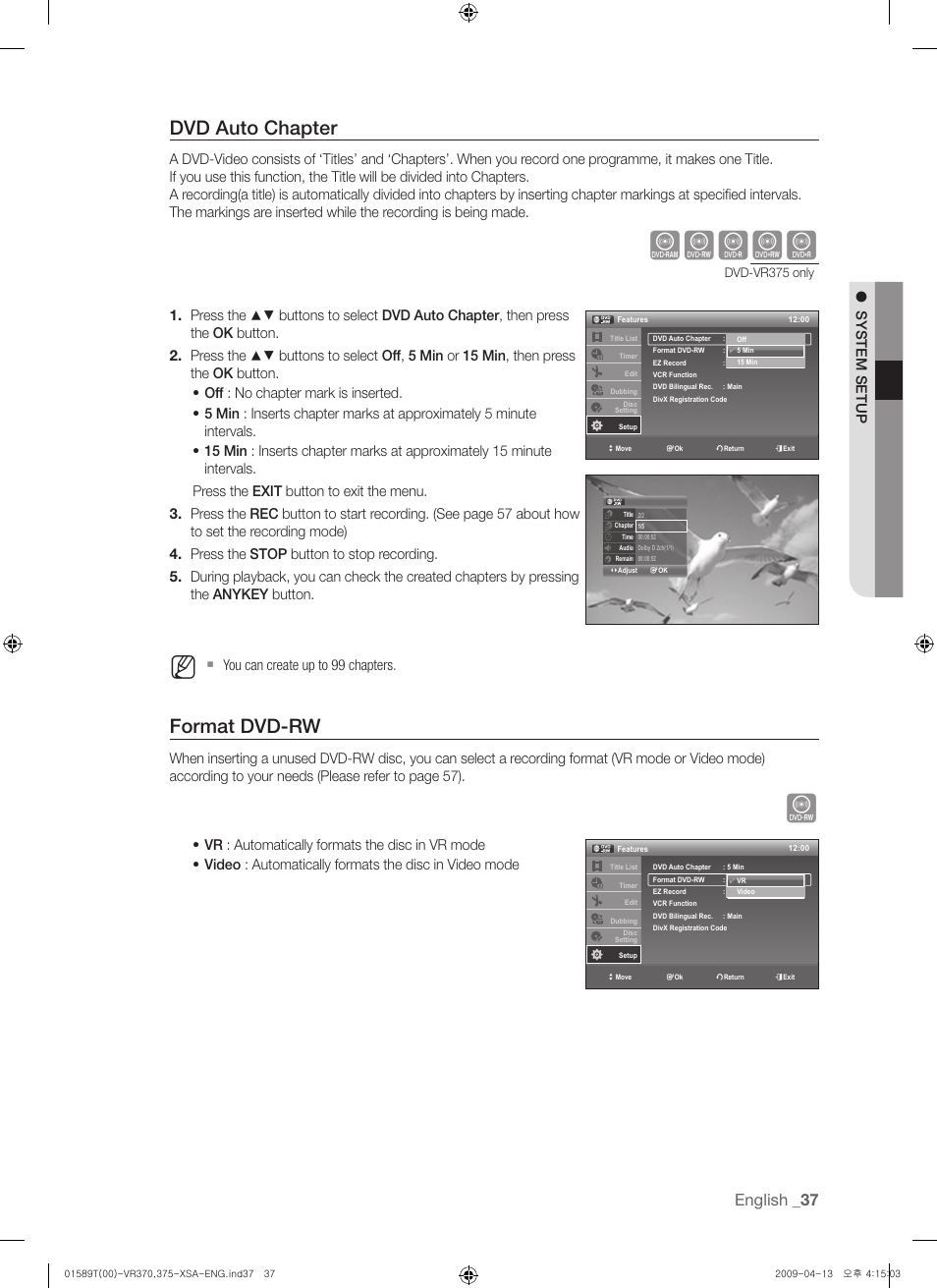 Xcvkl, Dvd auto chapter, Format dvd-rw | English, System setup | Samsung DVD-VR375 User Manual | Page 37 / 85