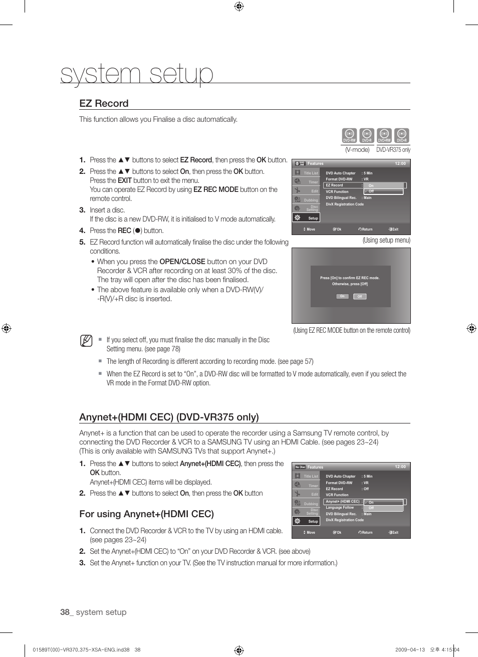 Cvkl, Ez record, Anynet+(hdmi cec) (dvd-vr375 only) | For using anynet+(hdmi cec), System setup | Samsung DVD-VR375 User Manual | Page 38 / 85