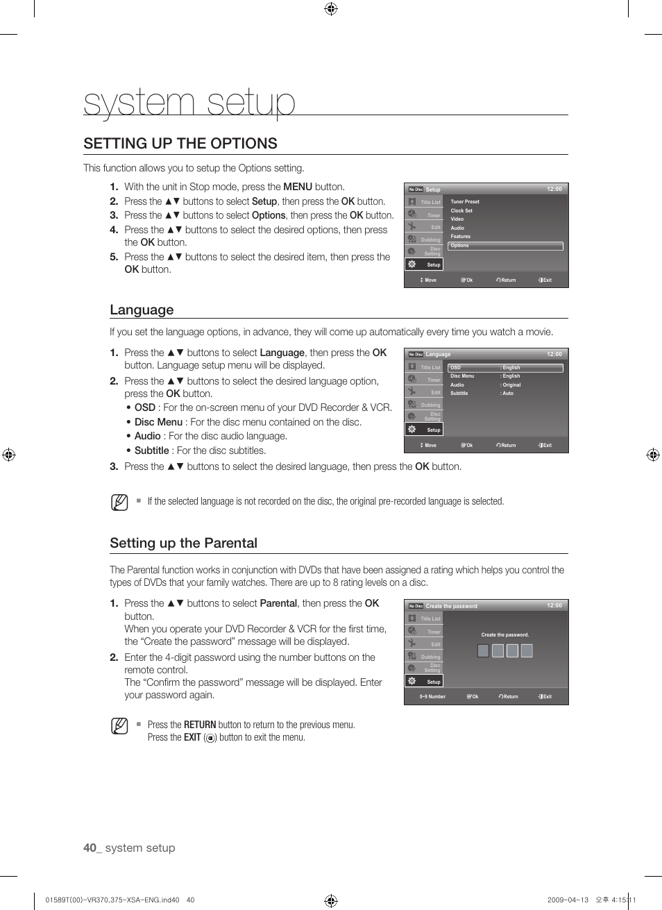 Seting up the options, Setting up the options, Language | Setting up the parental, System setup | Samsung DVD-VR375 User Manual | Page 40 / 85