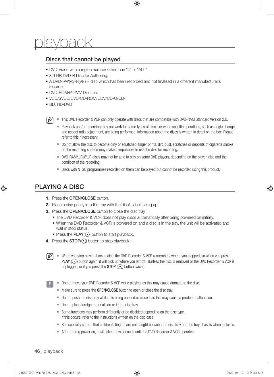 Playing a disc, Playback | Samsung DVD-VR375 User Manual | Page 46 / 85