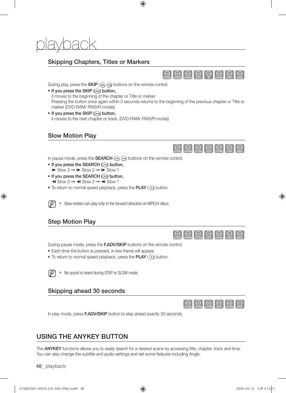 Using the anykey buton, Playback, Zxcvbkld | Zxcvkld, Zxcvkl | Samsung DVD-VR375 User Manual | Page 48 / 85