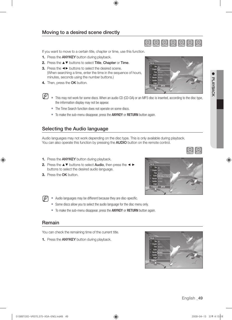 Zxcvkld, Moving to a desired scene directly, Selecting the audio language | Remain, English, Pla yback | Samsung DVD-VR375 User Manual | Page 49 / 85