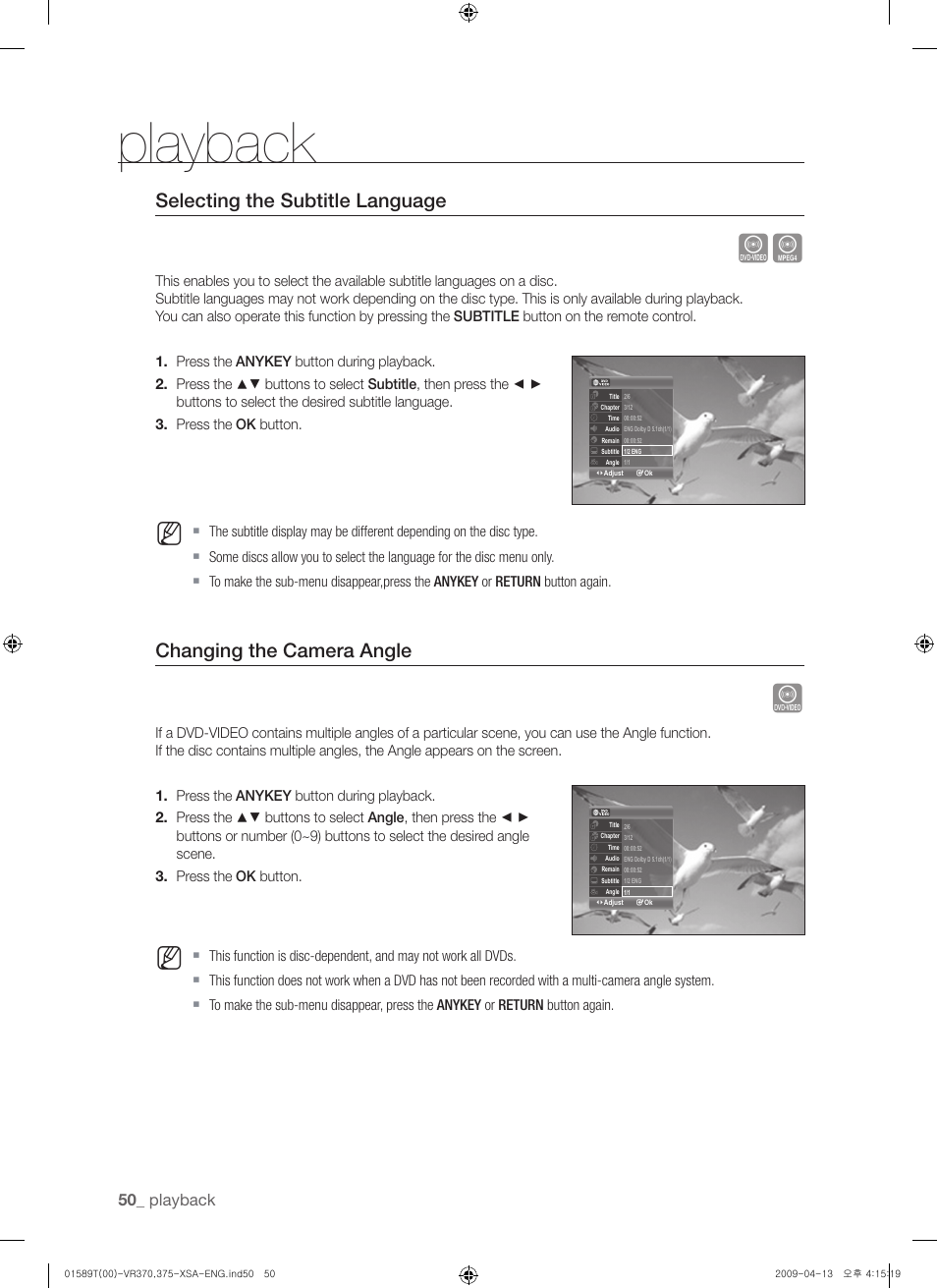Selecting the subtitle language, Changing the camera angle, Playback | Samsung DVD-VR375 User Manual | Page 50 / 85