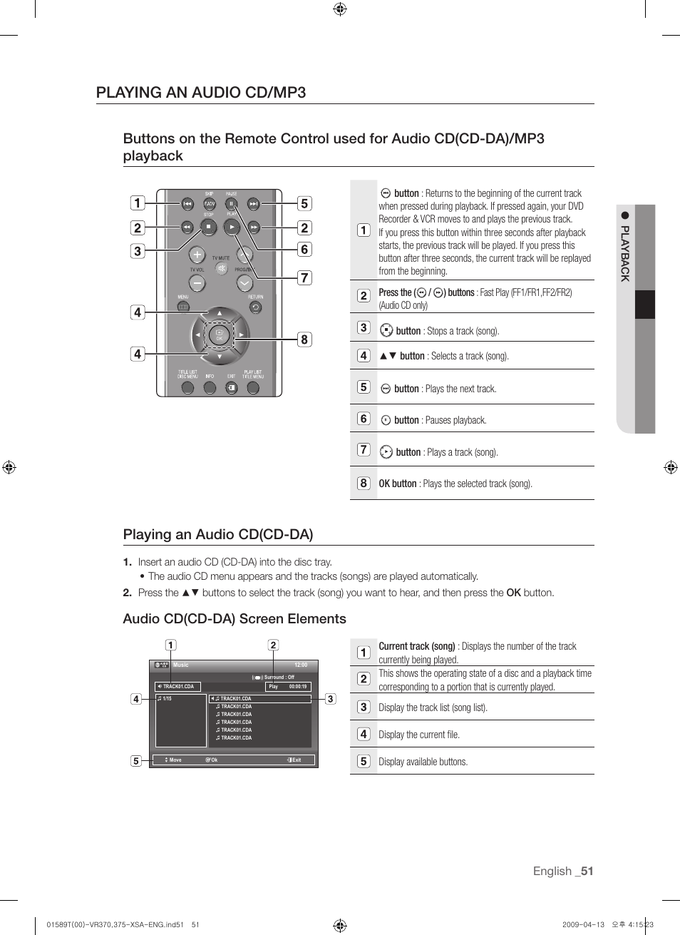Playing an audio cd/mp3, Playing an audio cd(cd-da), Audio cd(cd-da) screen elements | English | Samsung DVD-VR375 User Manual | Page 51 / 85