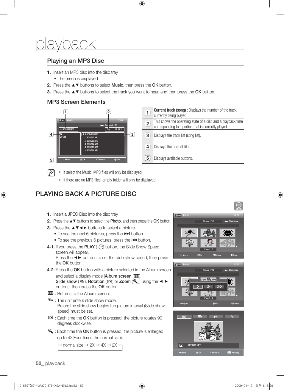 Playing back a picture disc, Playing an mp3 disc, Mp3 screen elements | Playback | Samsung DVD-VR375 User Manual | Page 52 / 85