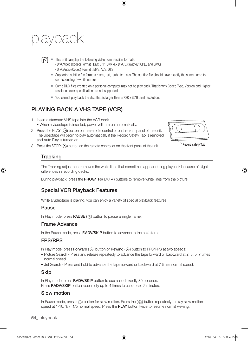 Playing back a vhs tape (vcr), Playback | Samsung DVD-VR375 User Manual | Page 54 / 85