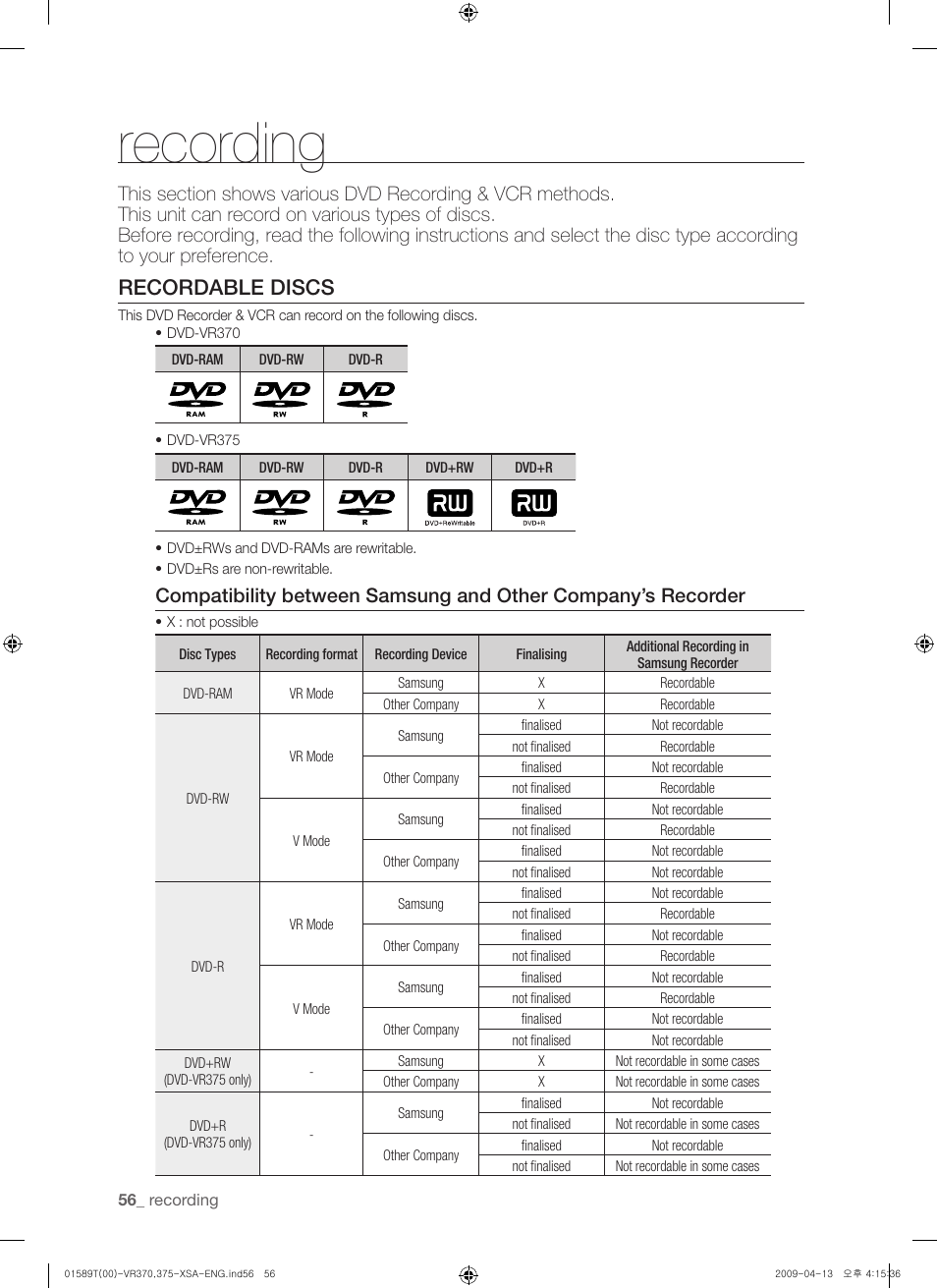 Recording, Recordable discs | Samsung DVD-VR375 User Manual | Page 56 / 85