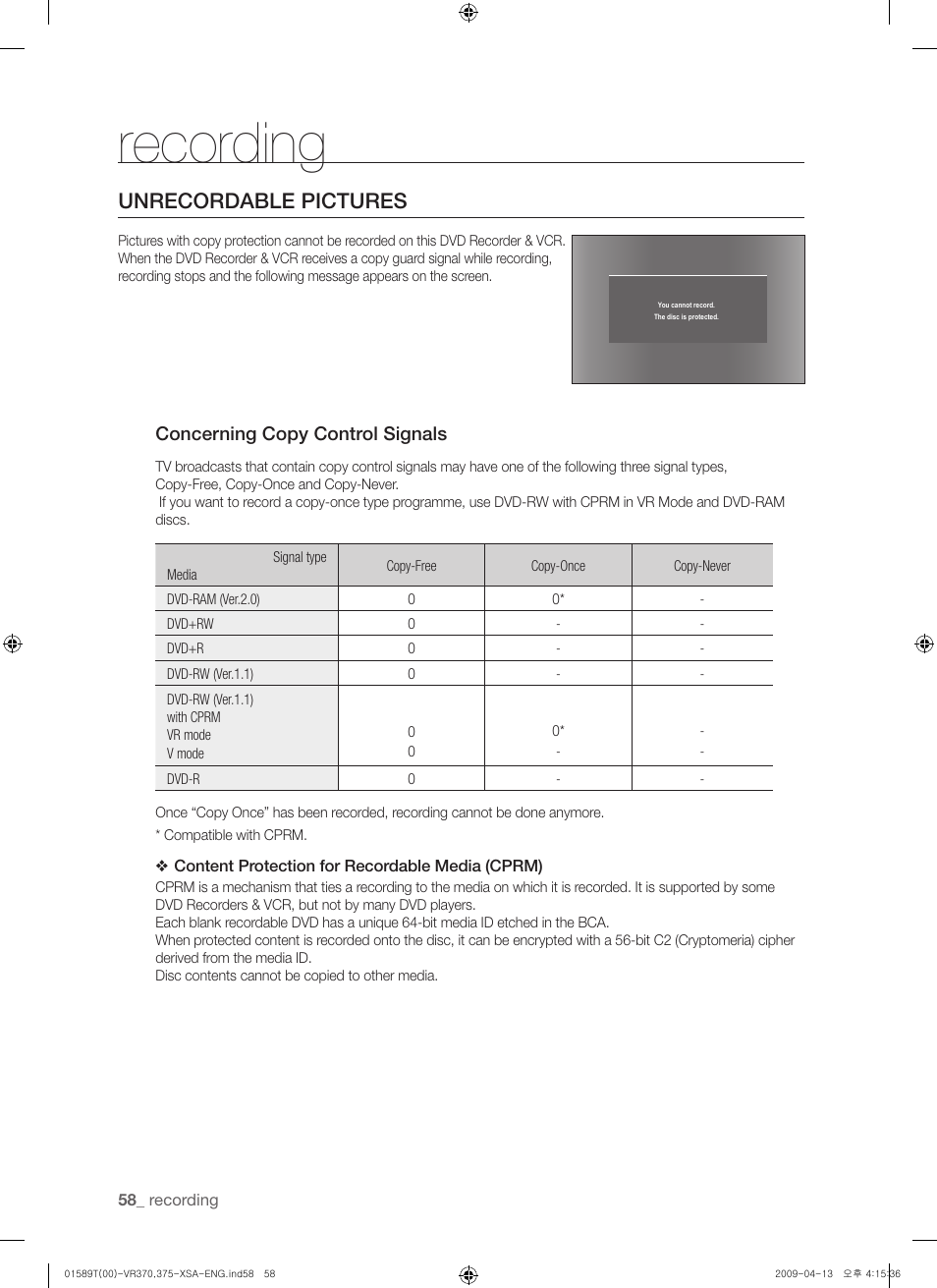 Unrecordable pictures, Recording, Concerning copy control signals | Samsung DVD-VR375 User Manual | Page 58 / 85