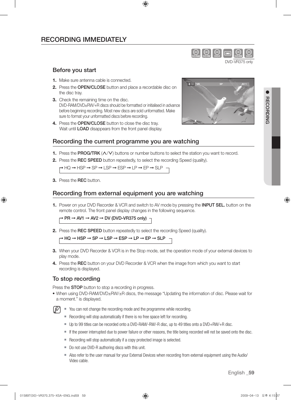 Recording immediately, Xcv kl, Recording the current programme you are watching | Recording from external equipment you are watching, Before you start | Samsung DVD-VR375 User Manual | Page 59 / 85