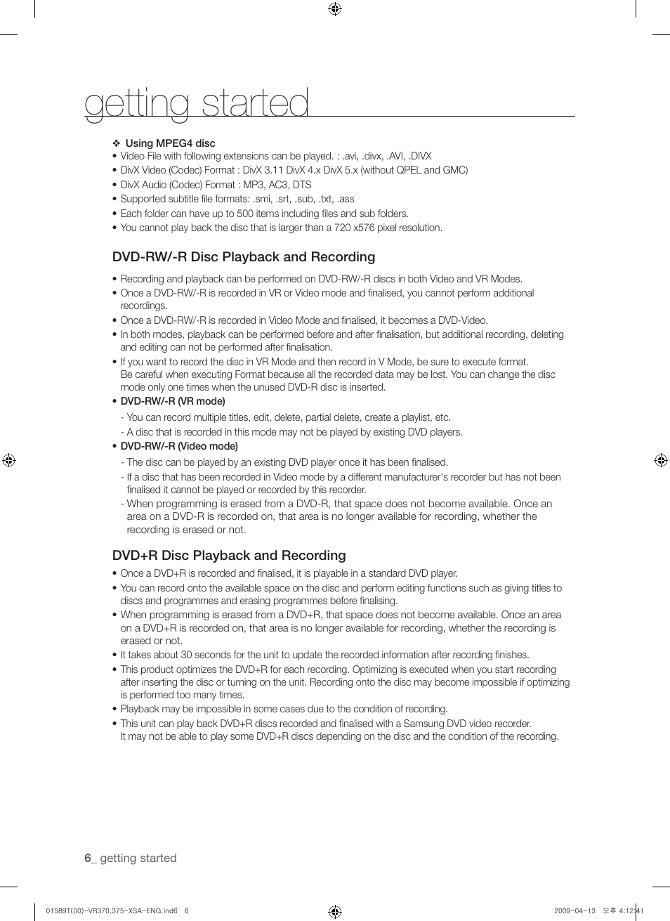 Getting started | Samsung DVD-VR375 User Manual | Page 6 / 85