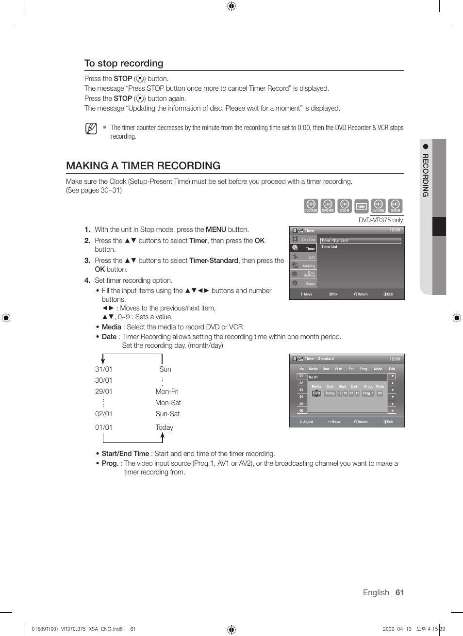 Making a timer recording, Xcv kl, English | R eco r d ing | Samsung DVD-VR375 User Manual | Page 61 / 85