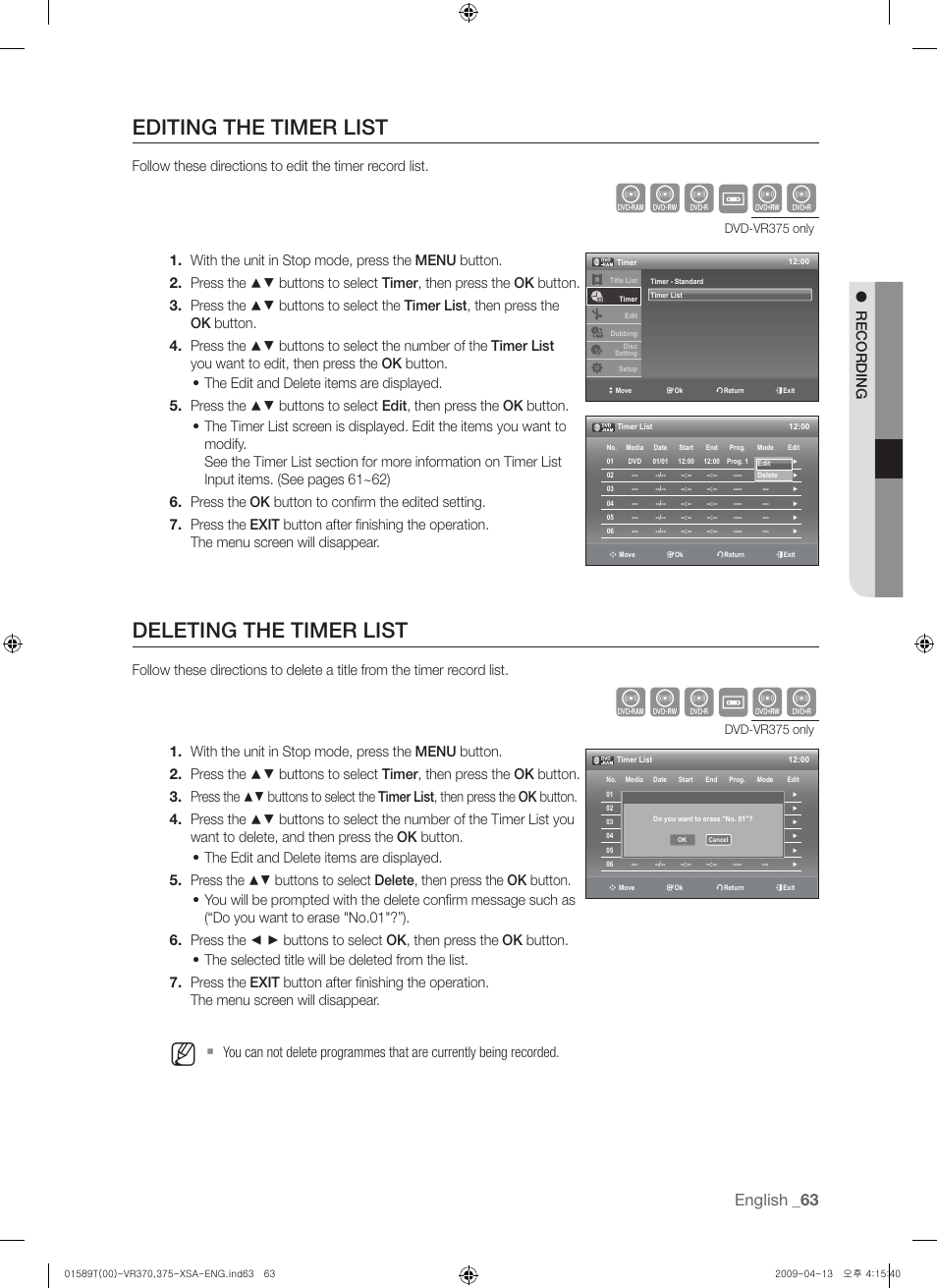 Editing the timer list, Deleting the timer list, Xcv kl | English, R eco r d ing, Dvd-vr375 only | Samsung DVD-VR375 User Manual | Page 63 / 85