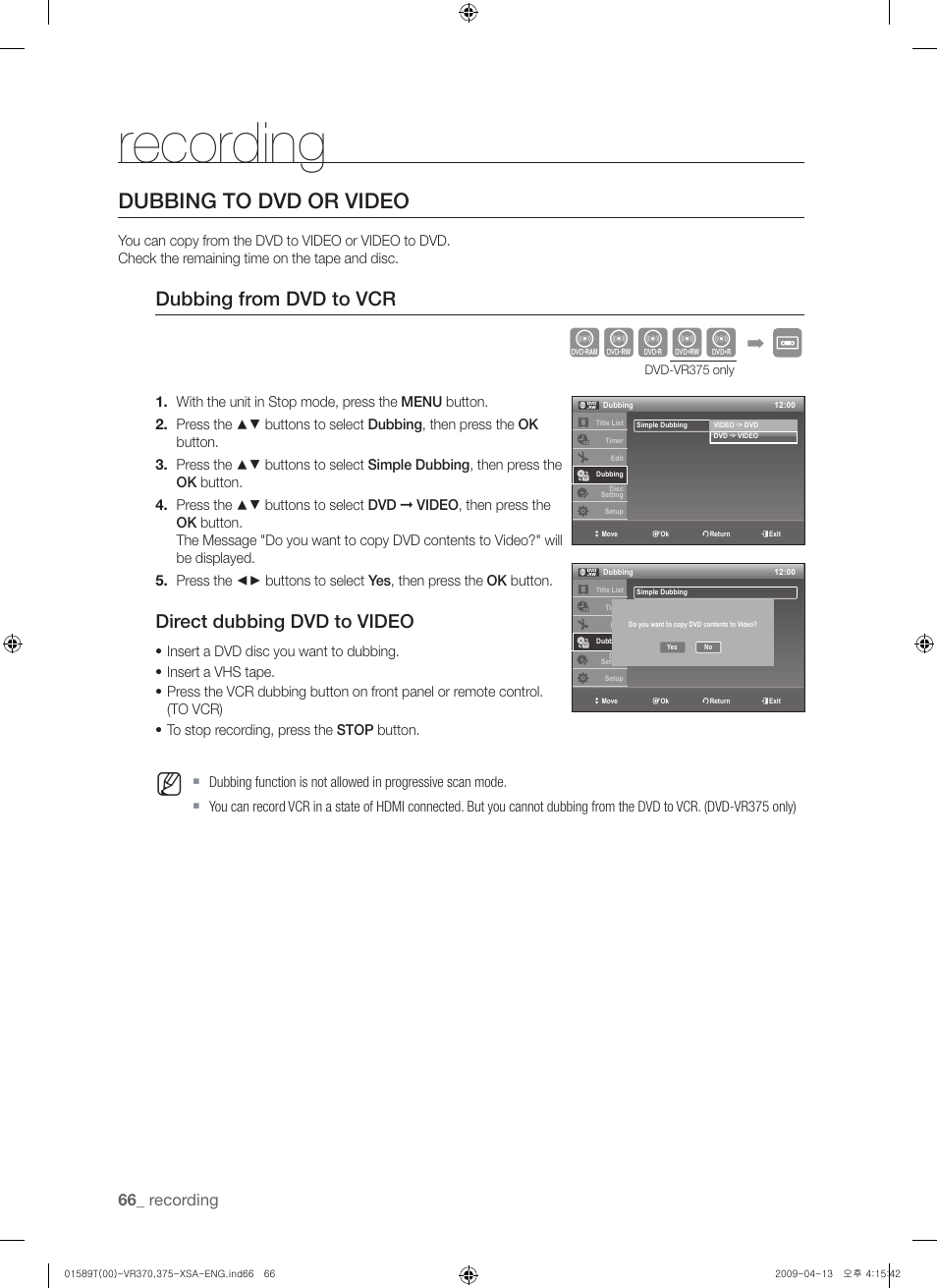 Dubing to dvd or video, Xcvkl, Dubbing to dvd or video | Dubbing from dvd to vcr, Direct dubbing dvd to video, Recording | Samsung DVD-VR375 User Manual | Page 66 / 85