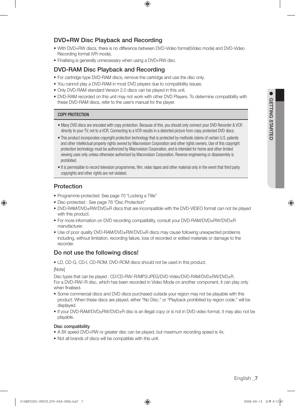 Dvd+rw disc playback and recording, Dvd-ram disc playback and recording, Protection | Do not use the following discs | Samsung DVD-VR375 User Manual | Page 7 / 85