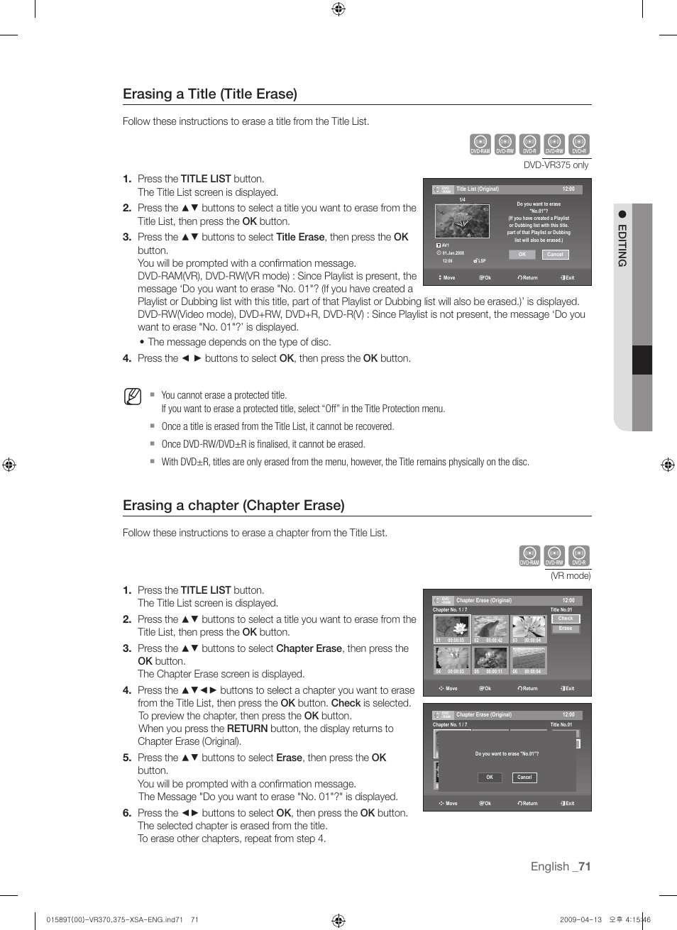Xcvkl, Erasing a title (title erase), Erasing a chapter (chapter erase) | English, Ed it ing | Samsung DVD-VR375 User Manual | Page 71 / 85
