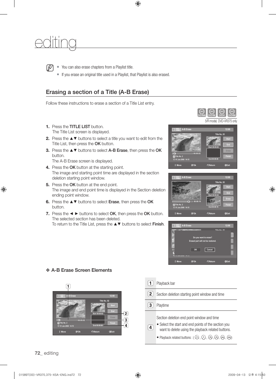 Xcvk, Editing, A-b erase screen elements | Samsung DVD-VR375 User Manual | Page 72 / 85