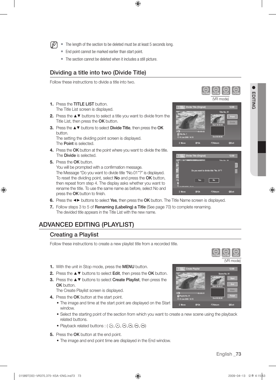 Advanced editing (playlist), Xcvk, Dividing a title into two (divide title) | Creating a playlist, English | Samsung DVD-VR375 User Manual | Page 73 / 85