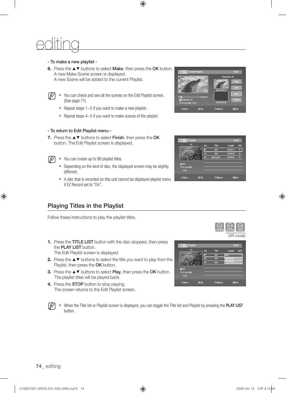 Playing titles in the playlist, Editing | Samsung DVD-VR375 User Manual | Page 74 / 85