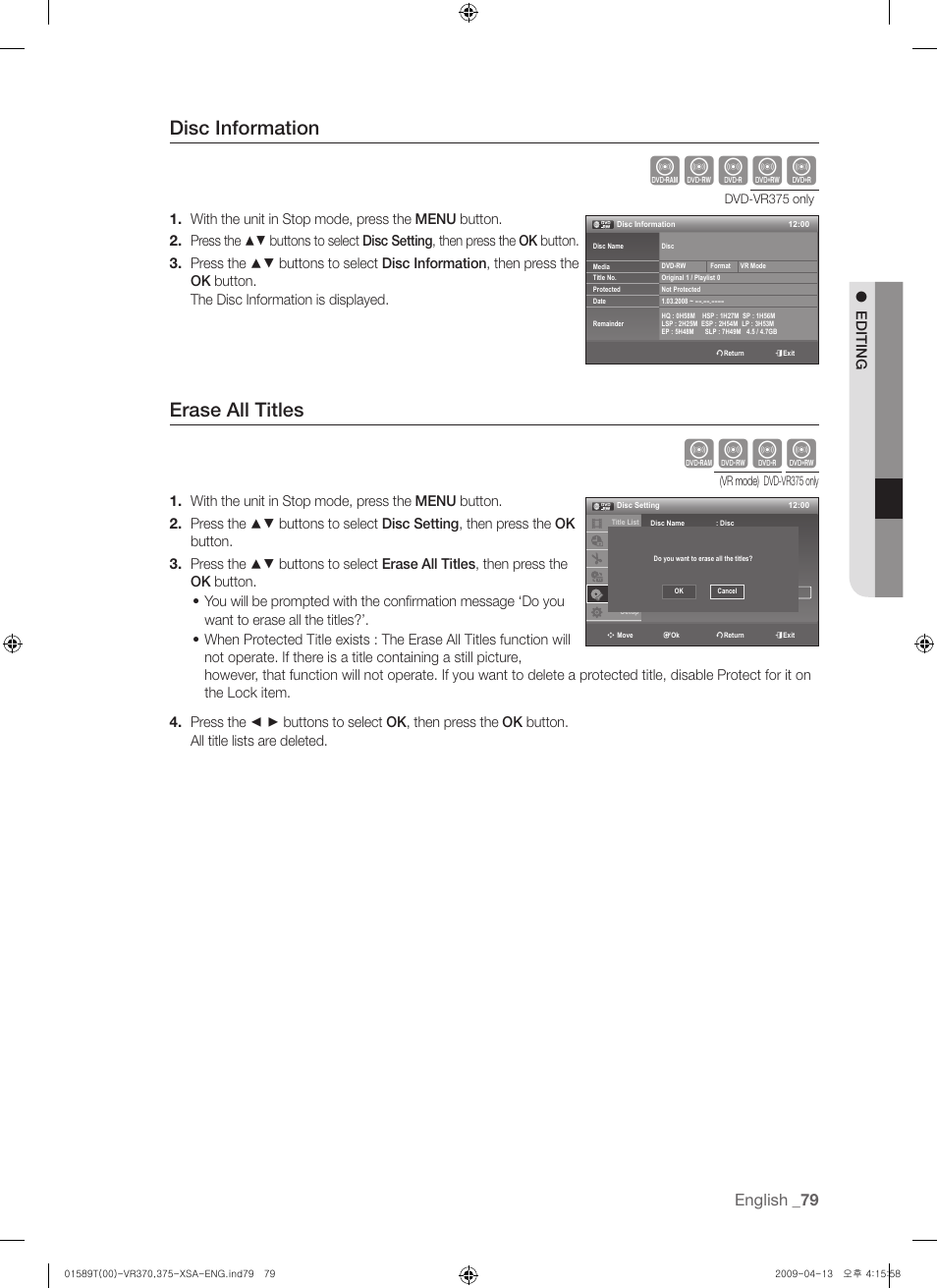 Xcvkl, Xcvk, Disc information | Erase all titles, English, Editing | Samsung DVD-VR375 User Manual | Page 79 / 85