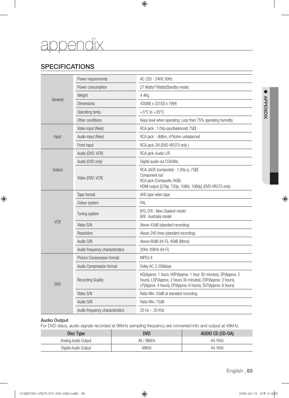Appendix, Specifications | Samsung DVD-VR375 User Manual | Page 83 / 85