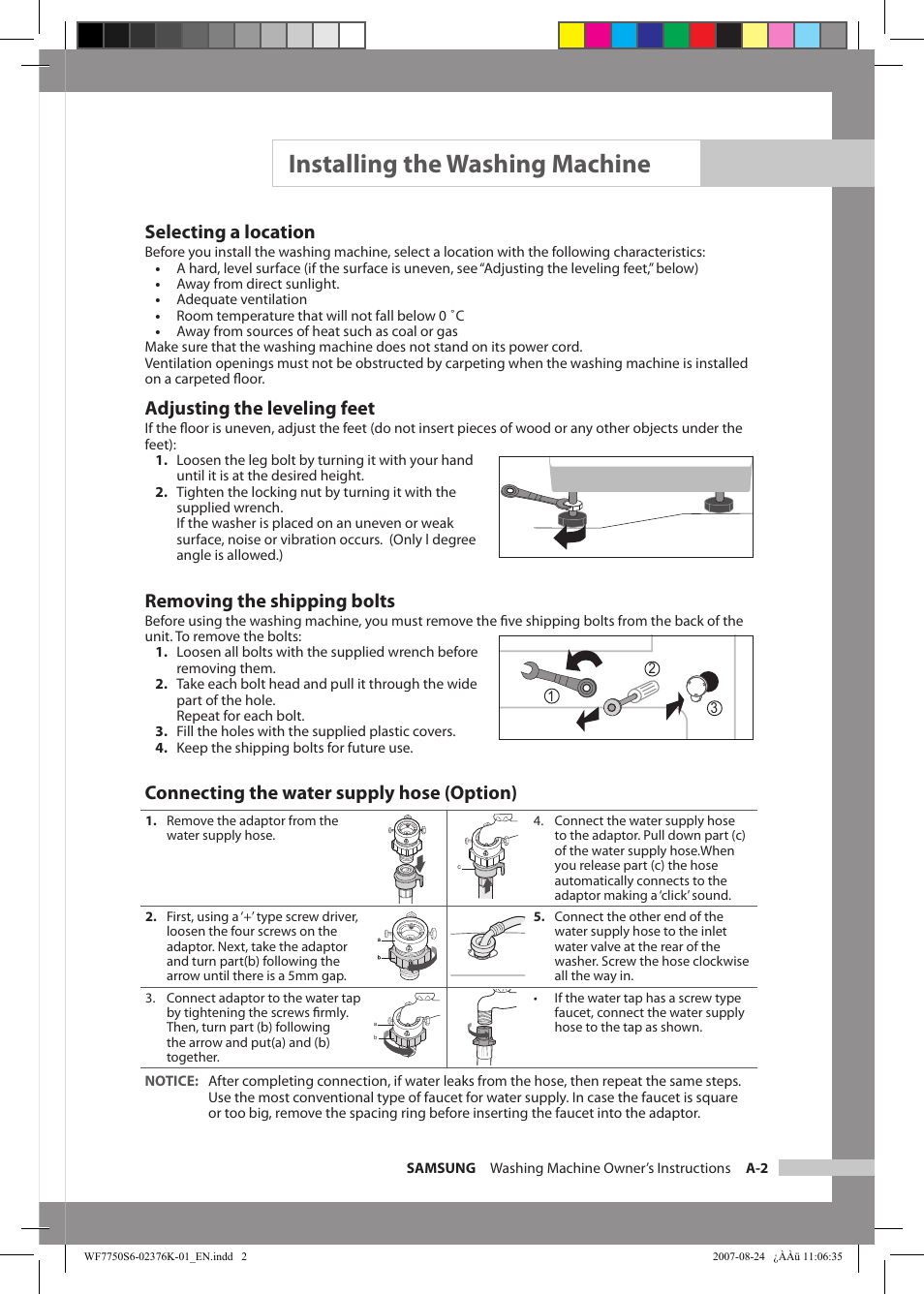 Installing the washing machine, Selecting a location, Adjusting the leveling feet | Removing the shipping bolts, Connecting the water supply hose (option) | Samsung WF7758S6 User Manual | Page 7 / 24
