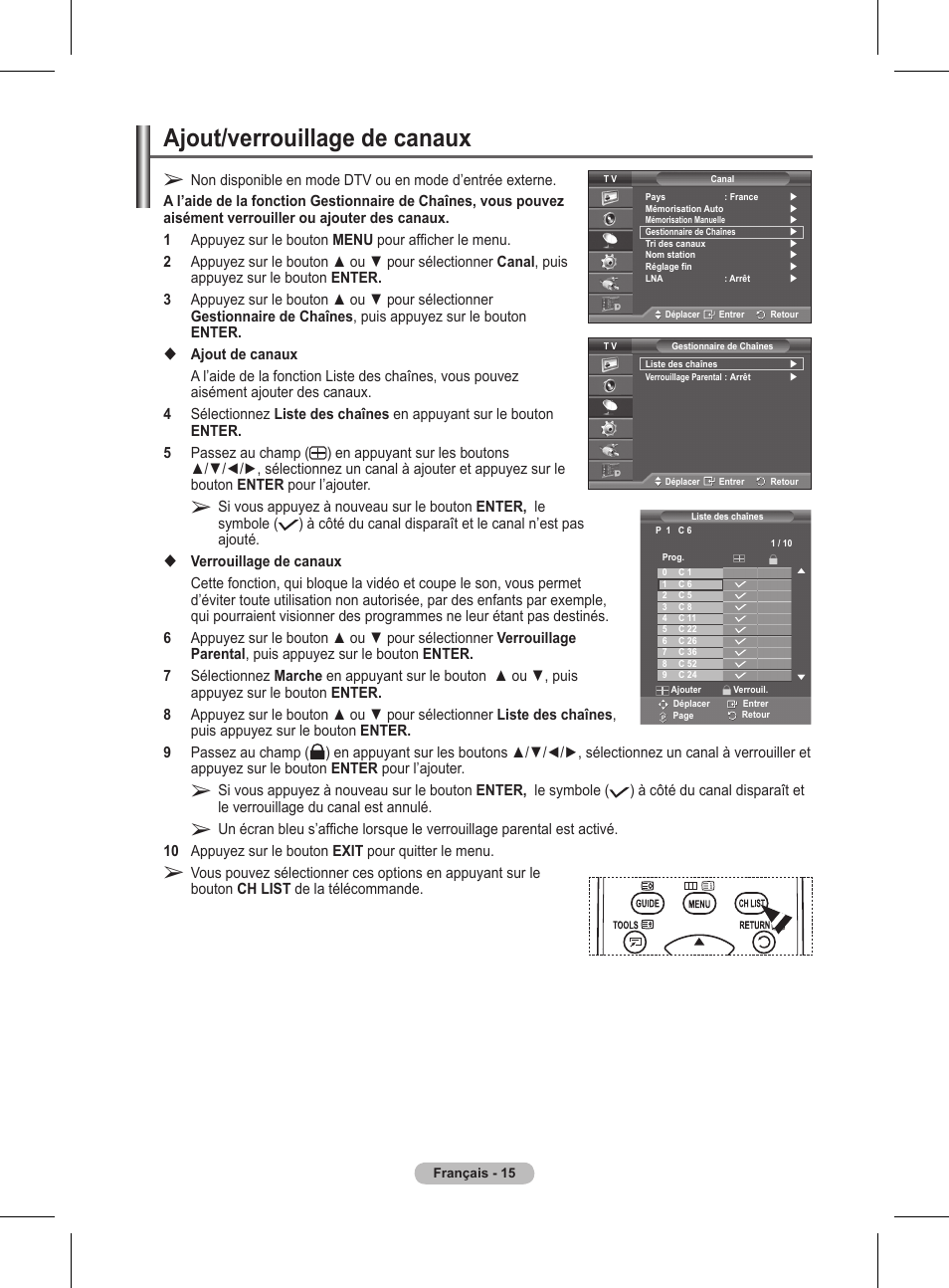 Ajout/verrouillage de canaux | Samsung BN68-01416A-00 User Manual | Page 68 / 425