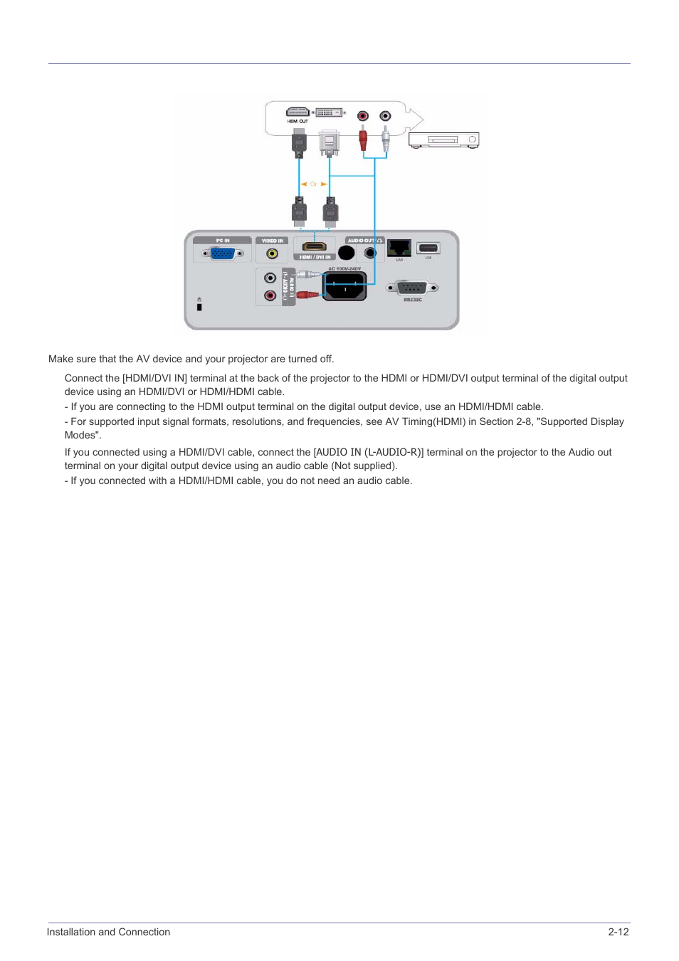 12 connecting an hdmi-compatible device, Connecting an hdmi-compatible device -12 | Samsung SP-M305 User Manual | Page 28 / 89