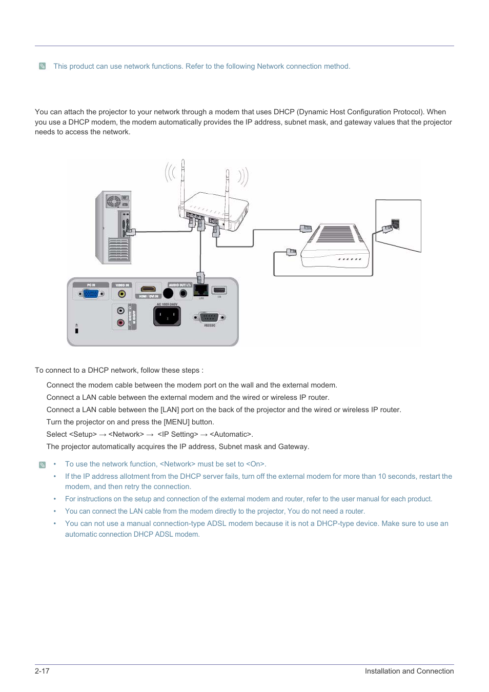 17 connecting to a network, Connecting to a network -17, 17-1. connecting to a dynamic ip (dhcp) network | Samsung SP-M305 User Manual | Page 33 / 89