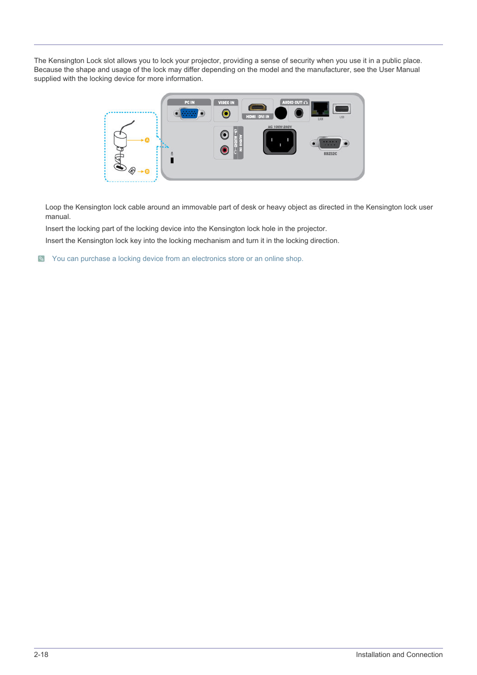 18 kensington lock slot, Kensington lock slot -18 | Samsung SP-M305 User Manual | Page 35 / 89